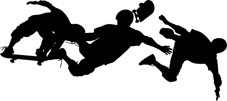 SKATEBOARDER white bkgrn The silhouette of a boy falling and tumbling from his skateboard into oncoming traffic.